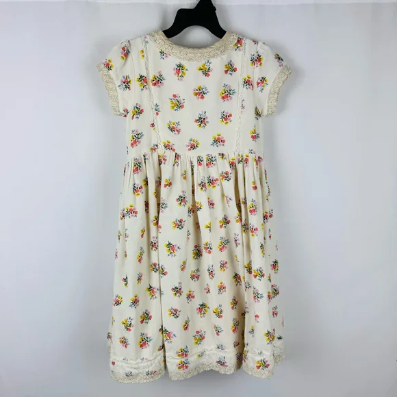 Boden Mini Dress Girls 6-7Y Gold White Floral A-Line Linen Blend Lace Trim